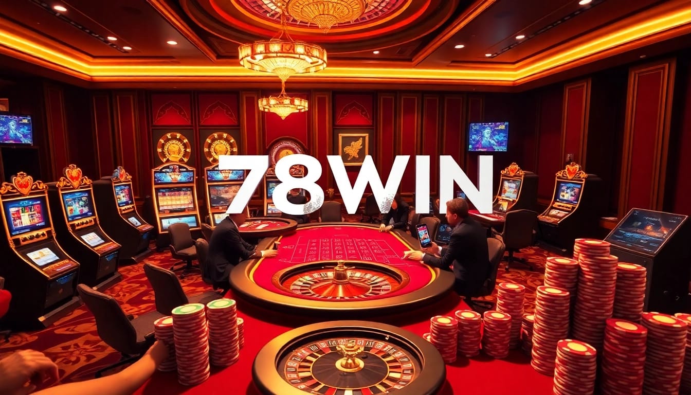 Experience the excitement of 78WIN's online gambling with luxurious casino visuals featuring a poker table and slot machines.