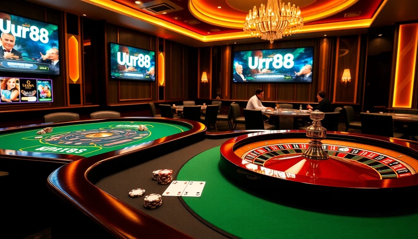 Experience the excitement at https://urr88.com/ with players at an elegant casino table, showcasing vibrant cards and chips.