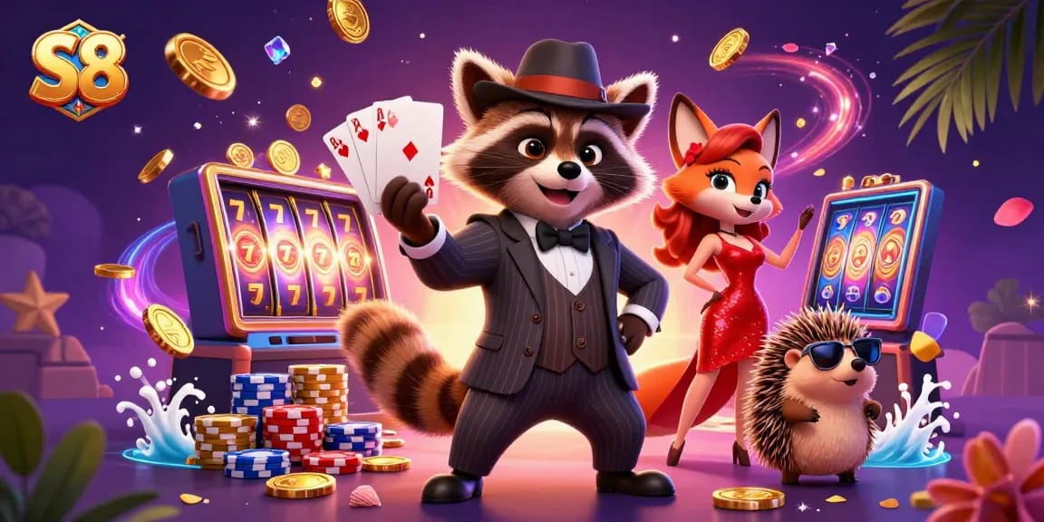 S8 gamblers celebrate a royal flush win surrounded by coins and vibrant slot machines.