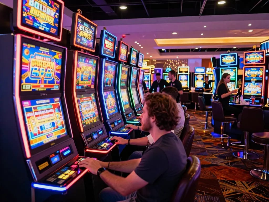 Players enjoying SC88 slot machines with vibrant lights in a lively casino setting