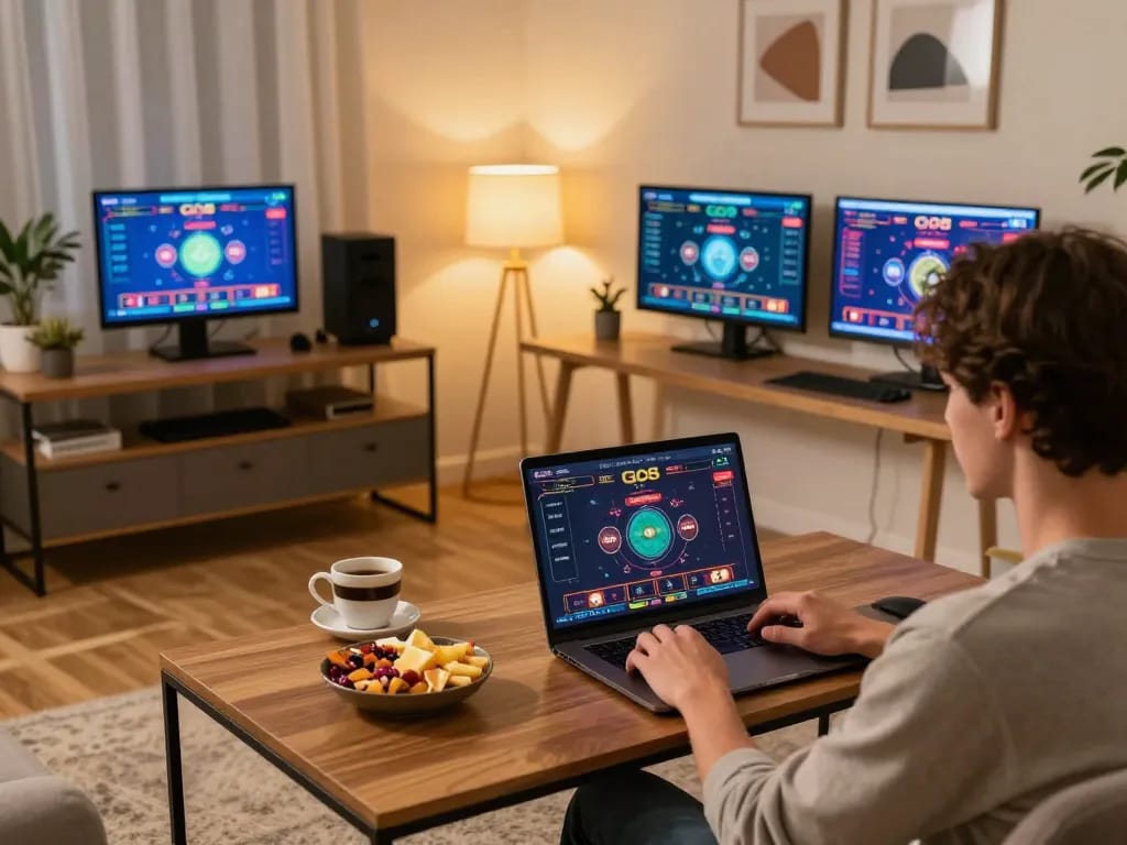 GO8 user placing bets online at a cozy home setup, showcasing engaging casino interface.