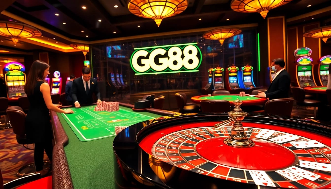 GG88 integrates excitement with a vibrant casino atmosphere featuring roulette and luxury gaming elements.