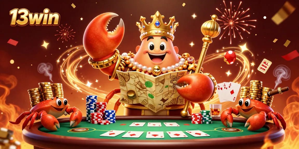Experience thrilling gaming with 13win featuring a golden crab empress presiding over a dynamic poker scene.