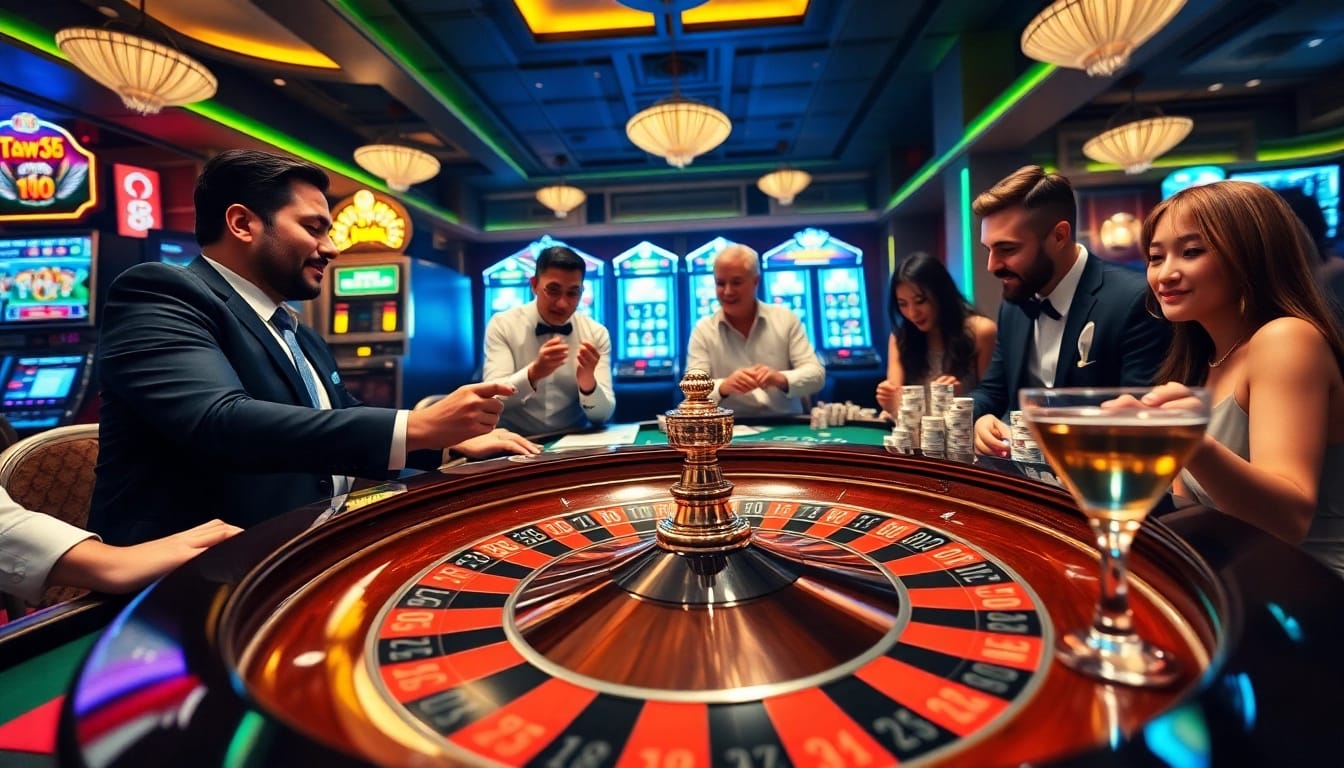 Engaging gamblers at a 789bet casino table with vibrant roulette and poker excitement.