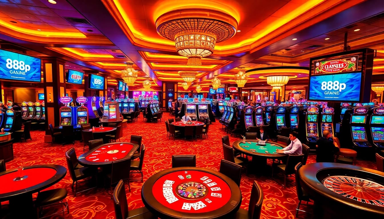 Experience vibrant gaming excitement at https://888p.se.net/ with players at casino tables and slots.
