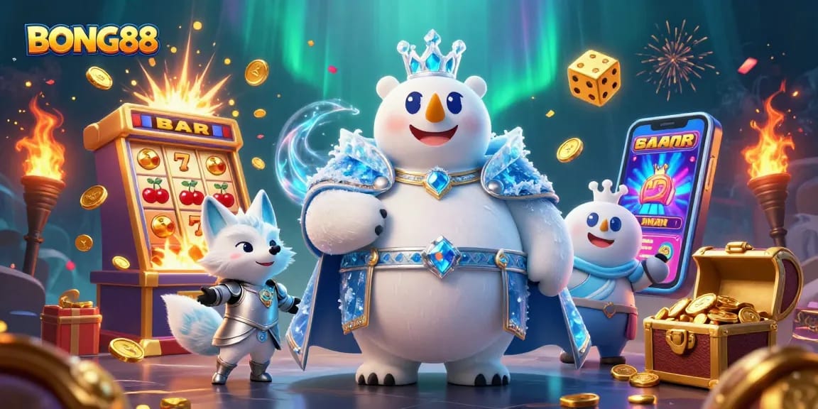 BONG88 slot gaming scene with a king polar bear and snow fox amidst vibrant casino elements