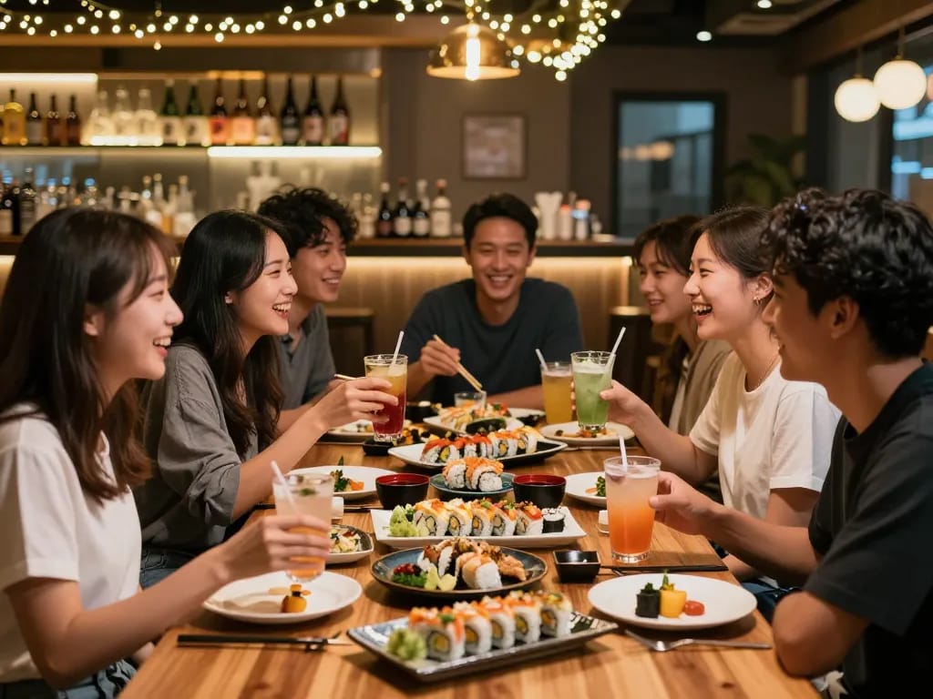 Friends enjoying sushi at RED88 Asian Bistro, showcasing vibrant dishes and lively atmosphere.