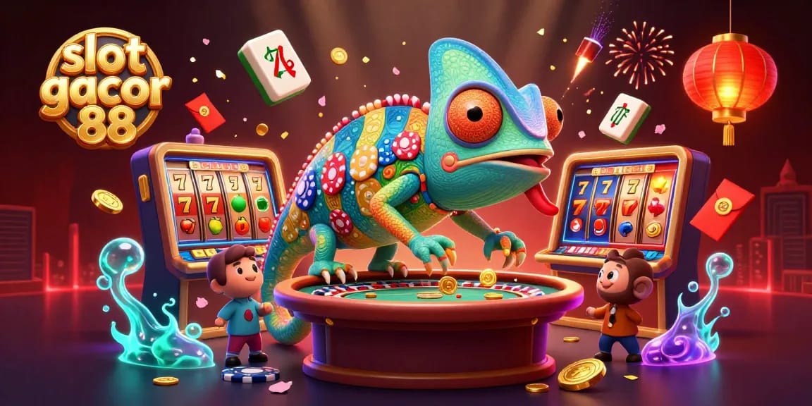 Engage with slot gacor 88 in a vibrant scene featuring a multicolored chameleon, slot symbols, and festive decorations.