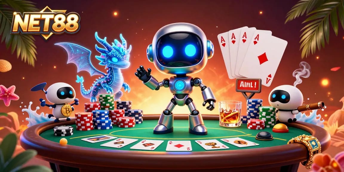 Experience the thrills of NET88 with a vivid 3D illustration of a cyberpunk mascot and gaming elements.
