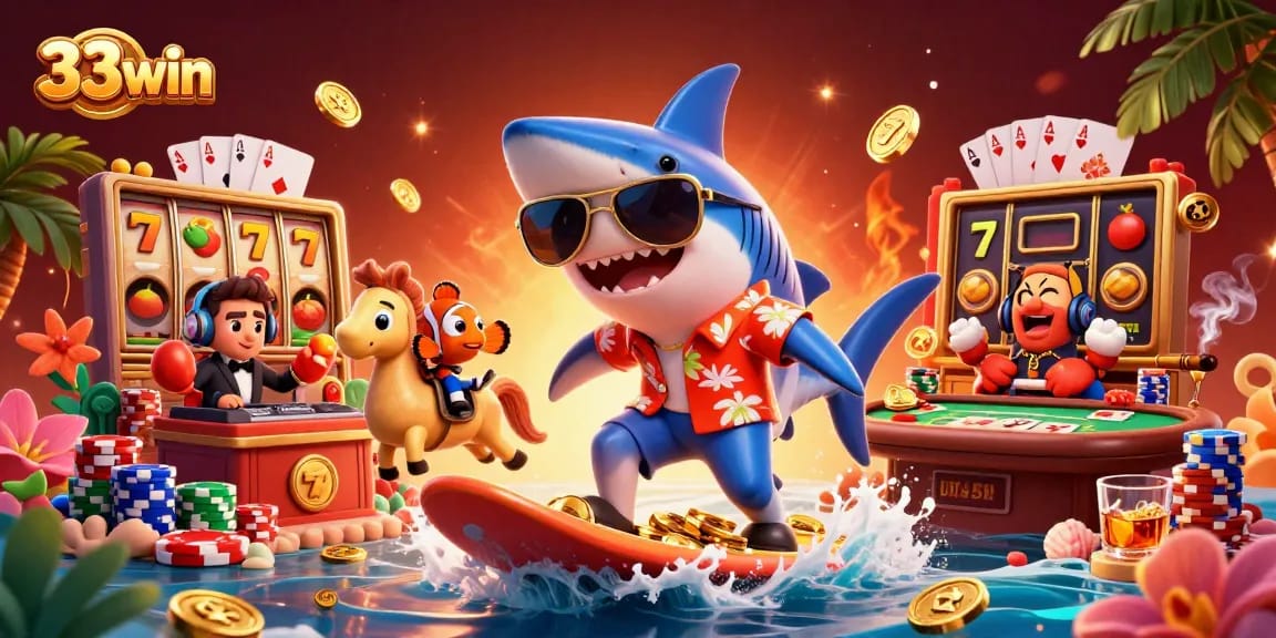 Experience the thrill of 33win with a shark riding gold coins in a casino-inspired illustration.