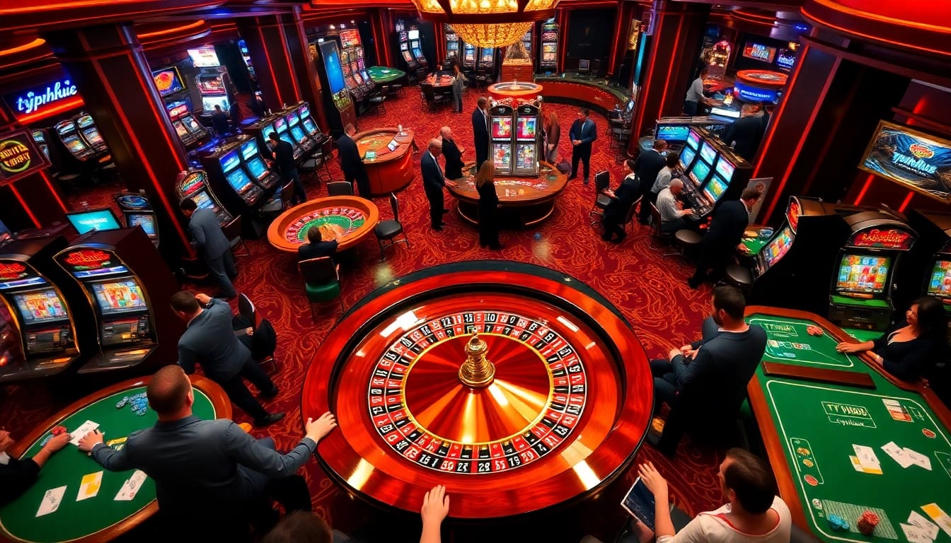 Players engage in thrilling casino games at typhu88, highlighted by vibrant roulette wheels and colorful chips.
