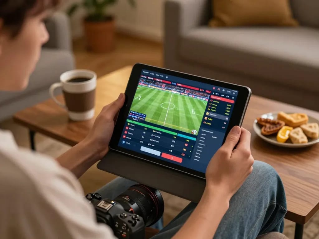 Placing live bets at https://www.mnm88.com/ on a tablet during a friendly football match at home.
