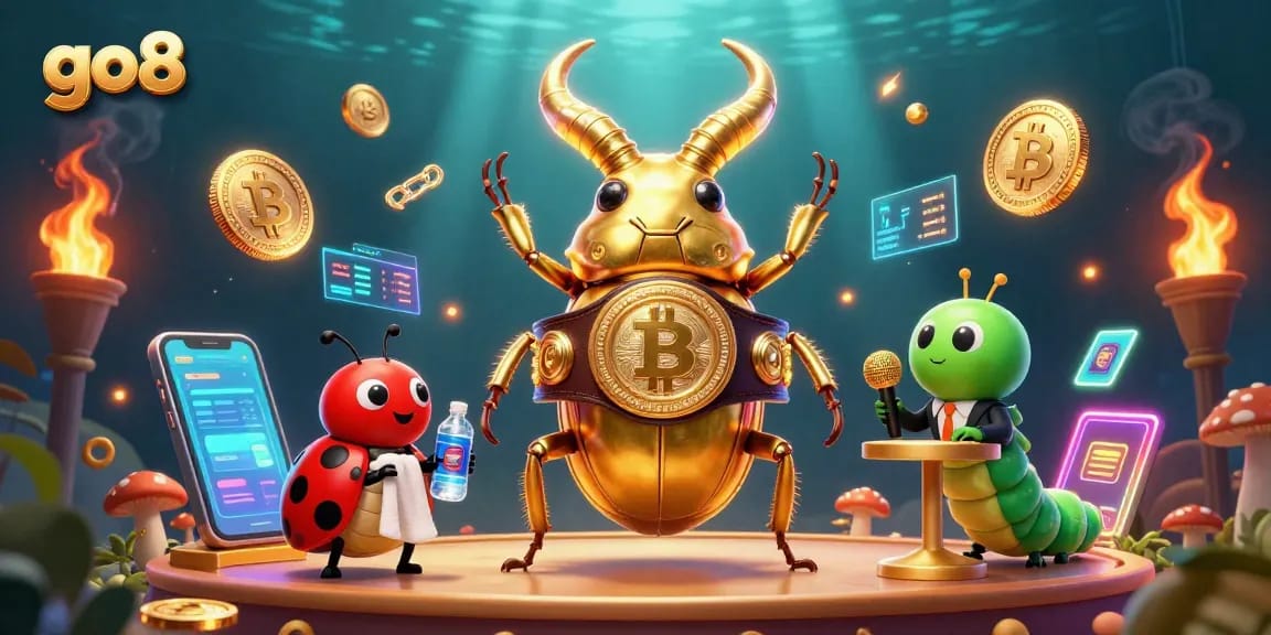 Experience thrilling gaming action with go8 in this vibrant, packed casino illustration featuring unique characters.