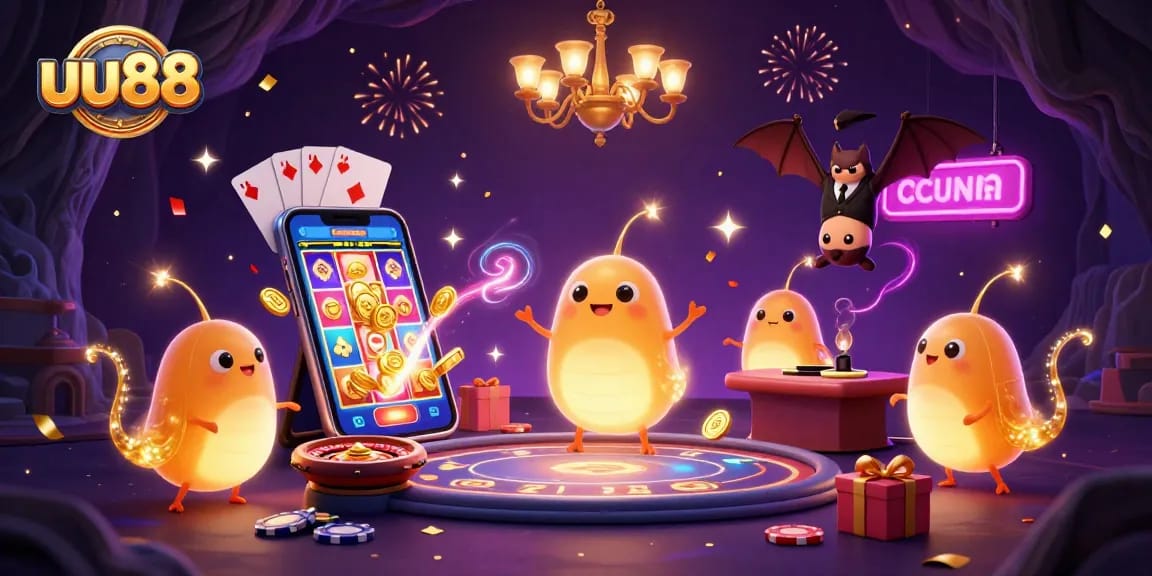 uu88 casino scene with glowworms, bat dealer, and vibrant slot game display