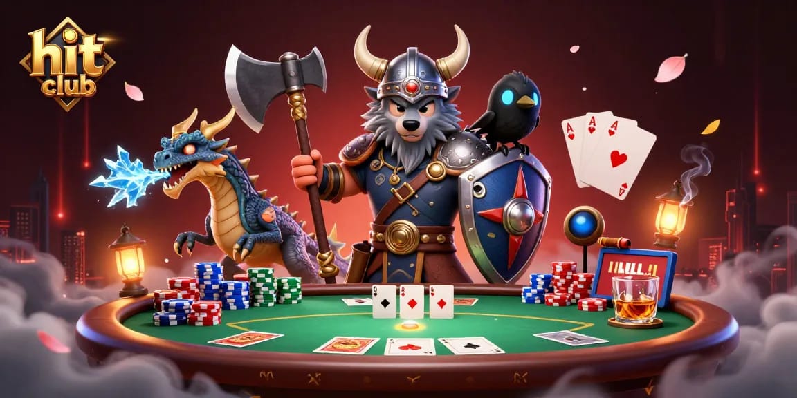 Engage in thrilling gameplay at hit club with Viking wolf, dragon, and poker elements.