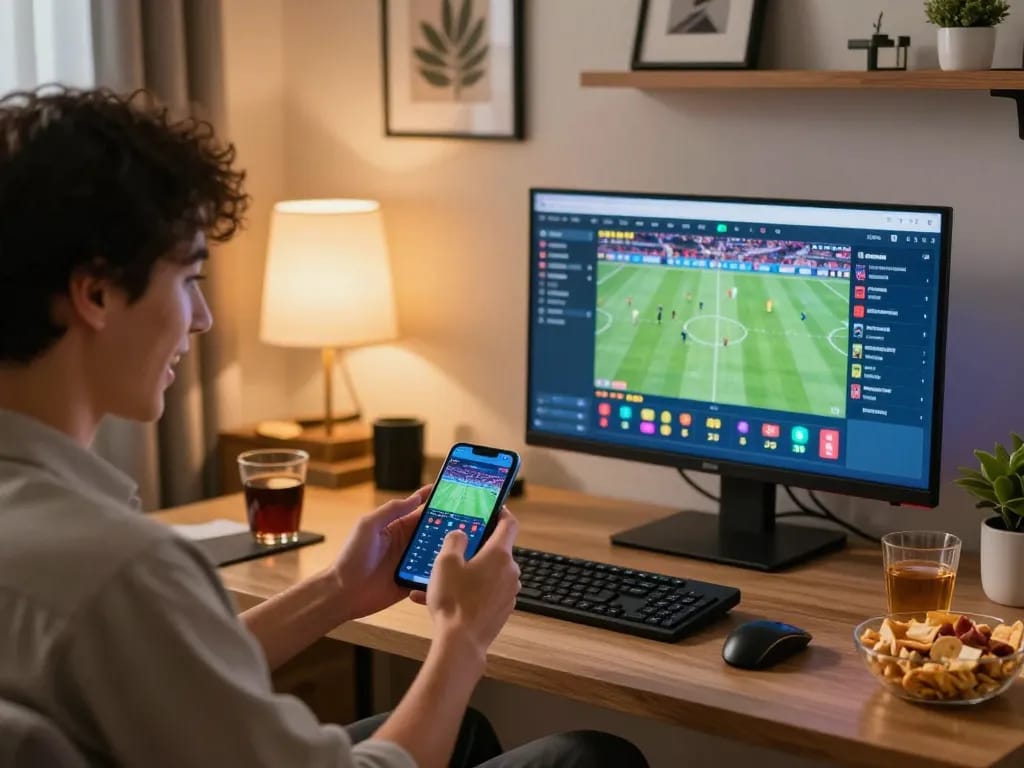 Engaging in live sports betting on keonhacaivn app in a cozy home office setup