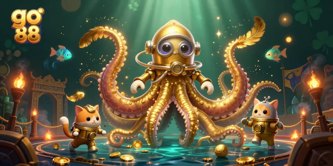 Engage in thrilling fun at go 88 with a kraken and diving cat amidst swirling casino magic.
