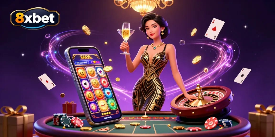 Experience thrilling gameplay at 8xbet with vibrant slot games, golden coins, and a luxurious casino scene.
