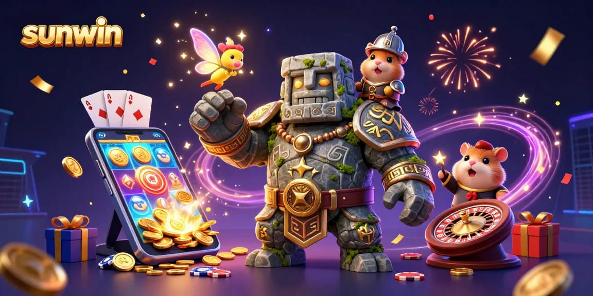 Experience thrilling adventures with sunwin's magical casino realm, featuring a golem, fairy, and hamster knight.