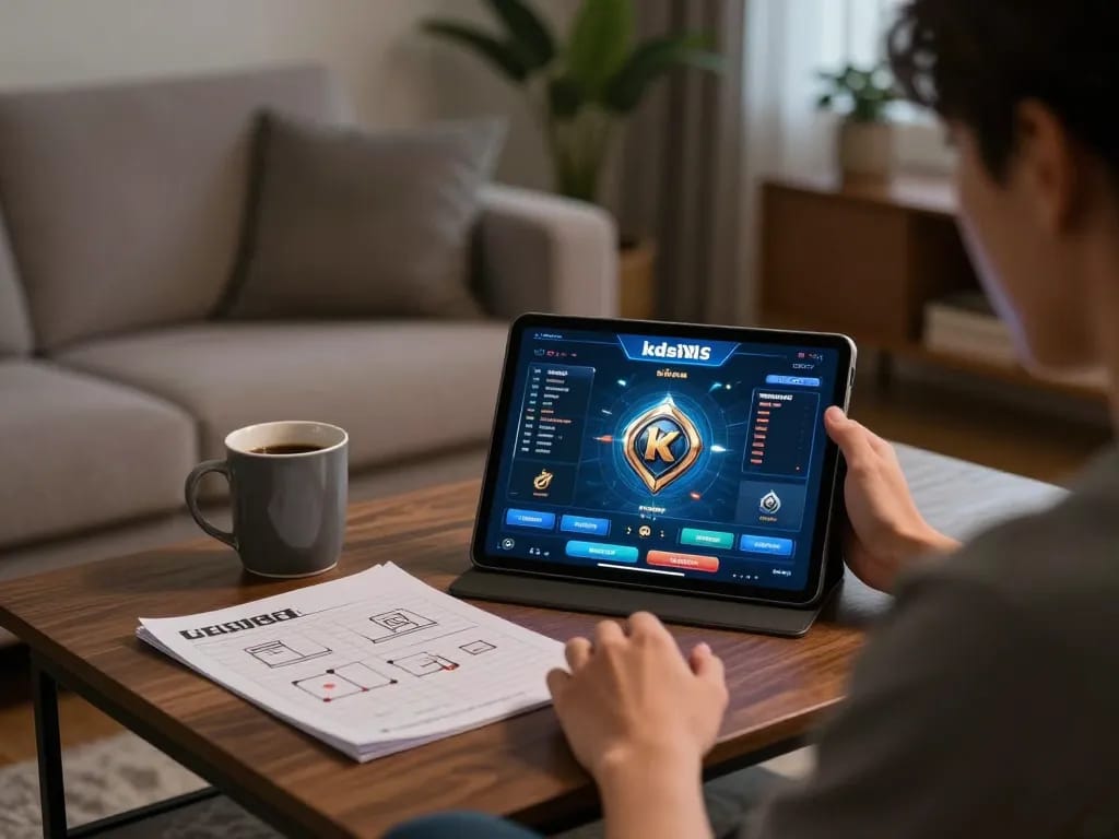 Engaging with kdslots on a tablet while enjoying a cozy home gaming atmosphere.