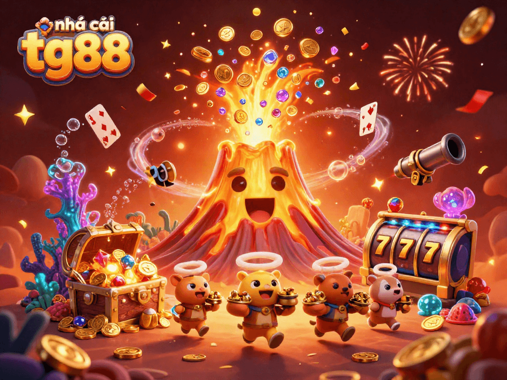 Engage with the exciting scene of nhà cái tg88, featuring a golden volcano erupting treasures in a lively casino atmosphere.