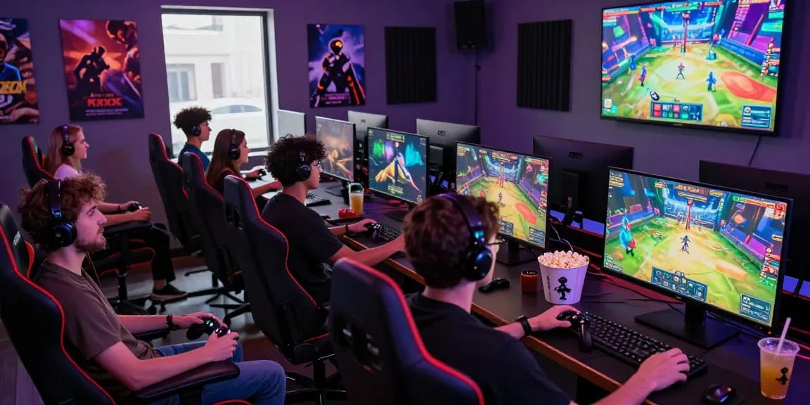 Gamers enjoying exciting xxx games in a vibrant lounge setting with colorful graphics and snacks.