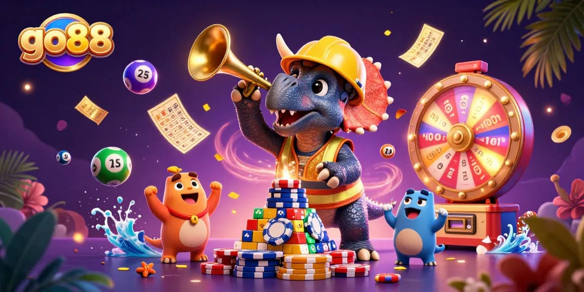 Engage with go88's colorful celebration of gaming including unique characters and vibrant casino elements.