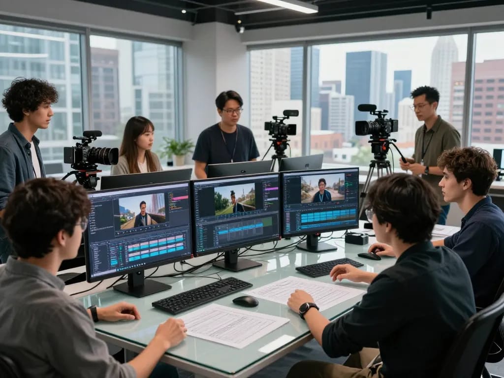 Creative team using Seedance AI for video production in a modern studio.