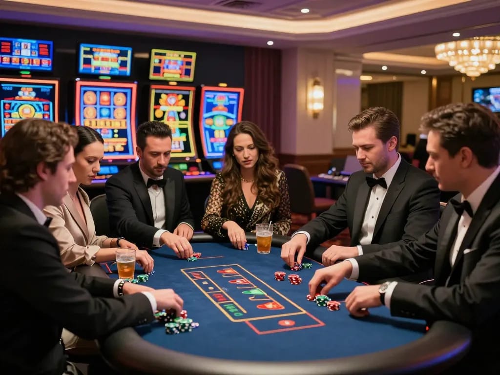 Players enjoying an exciting bk8 gaming experience at a modern casino table, showcasing vibrant atmosphere and high-tech gaming.