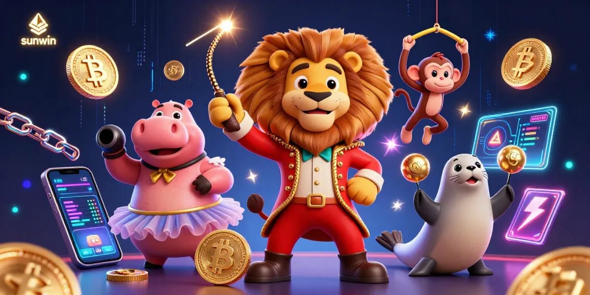 Join the excitement at sunwin with a vibrant casino-themed digital illustration featuring lively characters and crypto elements.