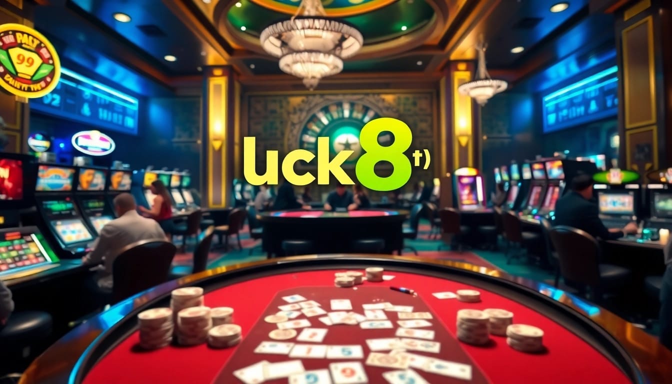 Action-packed casino scene showcasing players enjoying luck8 đăng nhập with poker chips and slot machines.