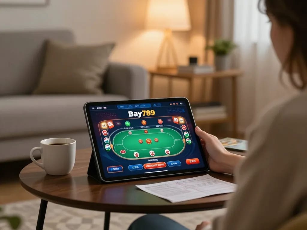 Play poker easily on Bay789 in a cozy home setting with engaging tablet interface