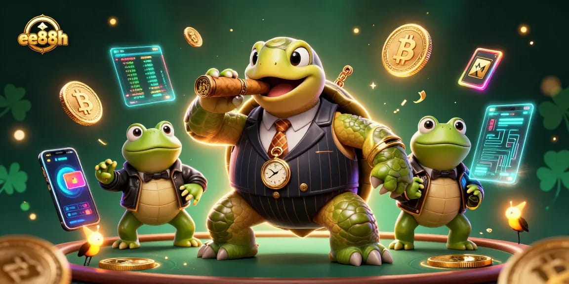 Engage in thrilling gameplay at ee88h's 3D cartoon casino featuring a turtle mobster and frog enforcers.