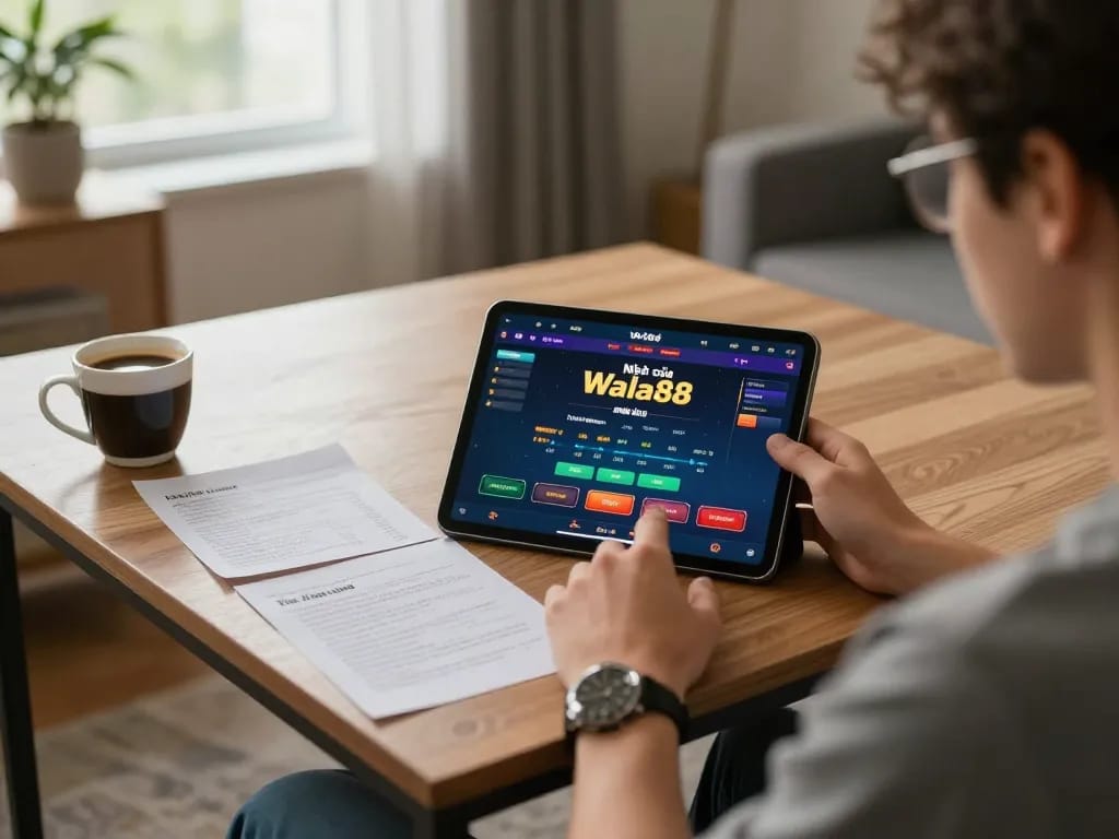 Person uses tablet for online gaming at Nhà cái Wala88 in a cozy home setting.