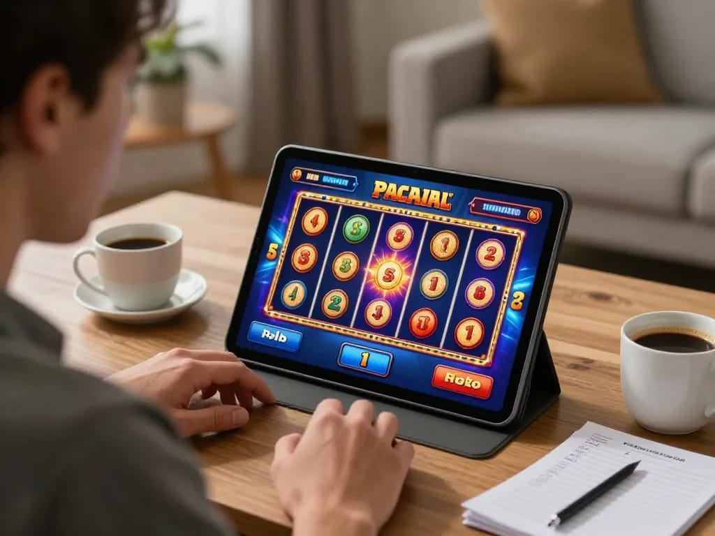 Engaged player enjoying a vibrant online slot game on 78wintl tablet in a cozy home setting, emphasizing responsible entertainment.