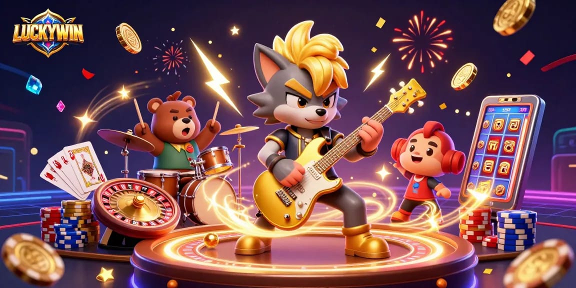 LUCKYWIN brings excitement alive with captivating scenes of a rock star wolf and gaming elements.