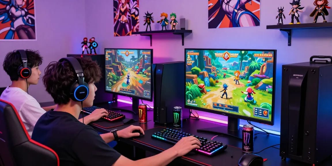 Engaged players enjoying ecchi games online in a vibrant gaming room, featuring colorful displays and gaming gear.
