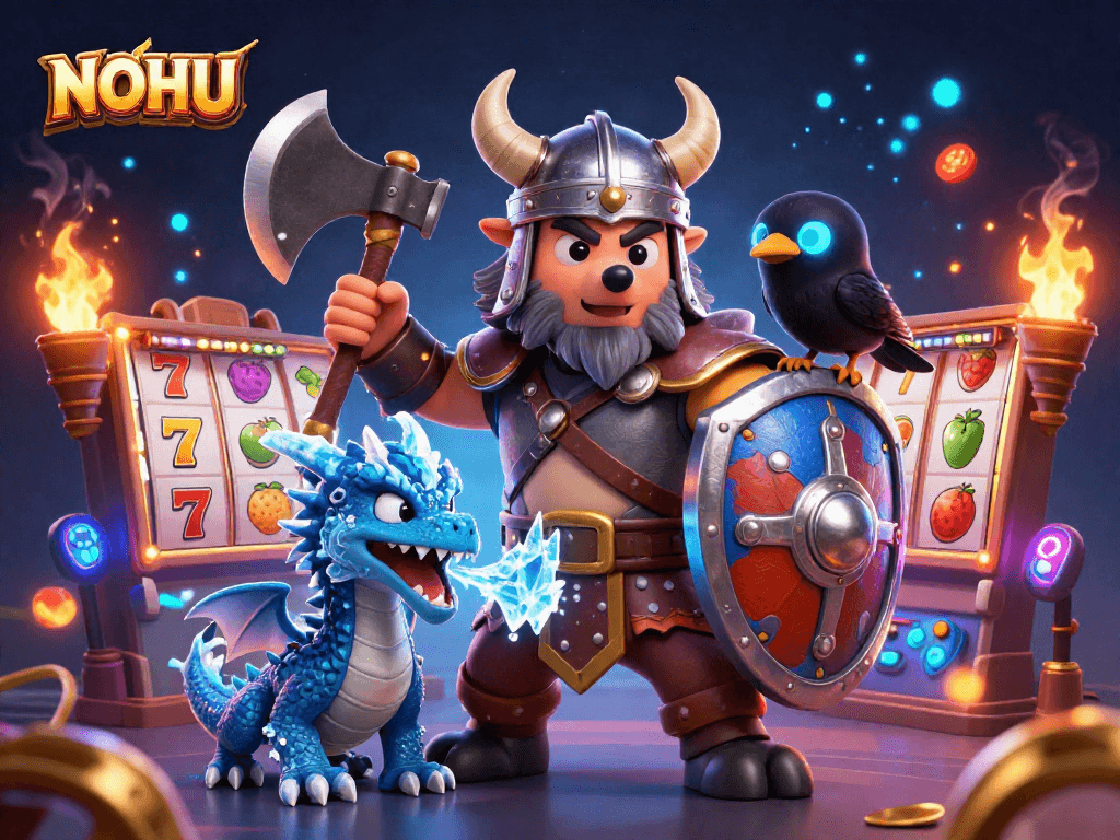 Experience excitement with NOHU in a dynamic casino scene featuring captivating characters and games.