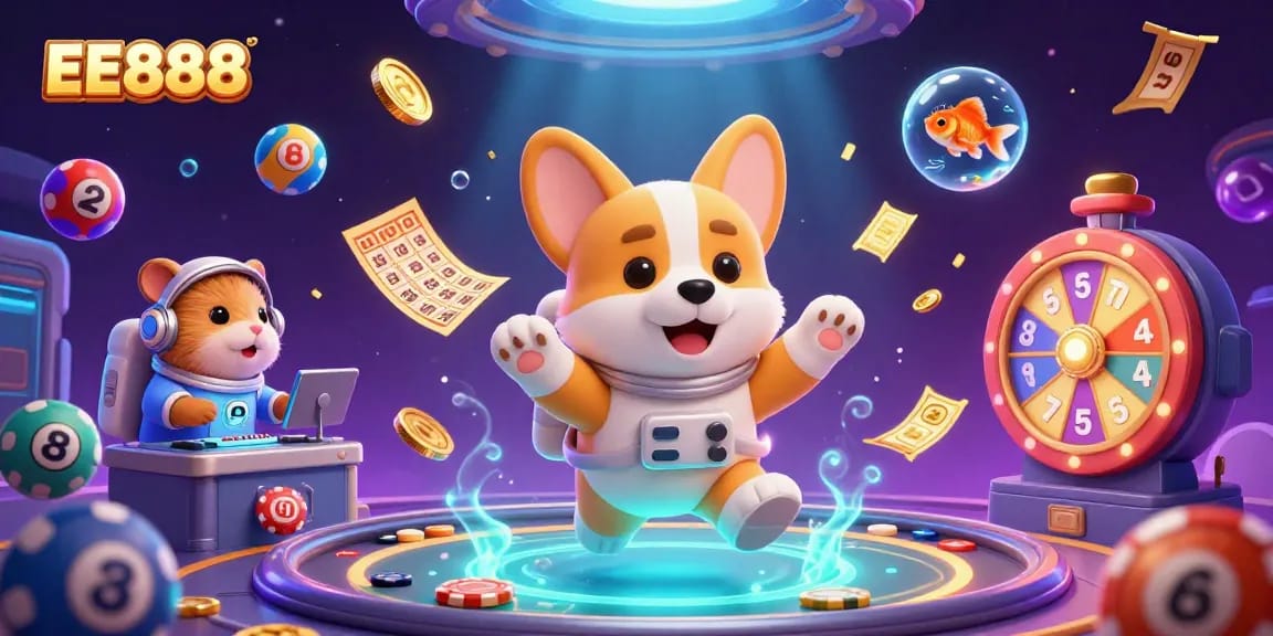 Experience EE888's lively adventures in a vibrant casino-themed space setting.