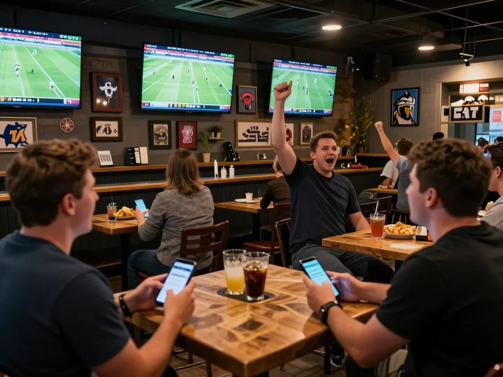 Soi kèo excitement in a lively sports betting bar with patrons placing bets and enjoying live matches.