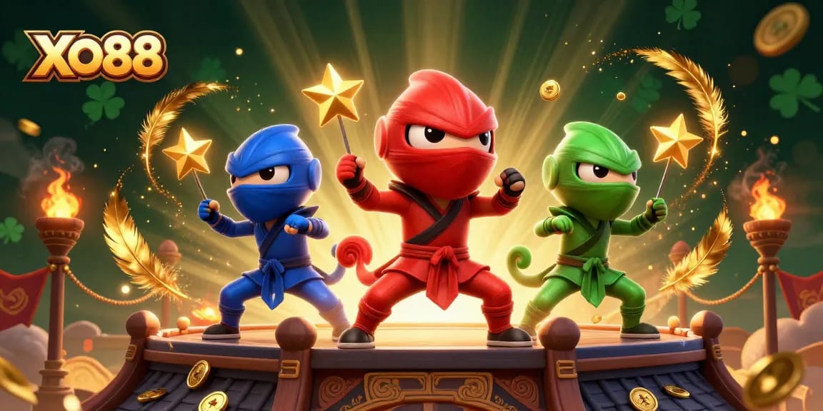 Engage in thrilling action with XO88, featuring colorful ninja chameleons in a dynamic casino scene.
