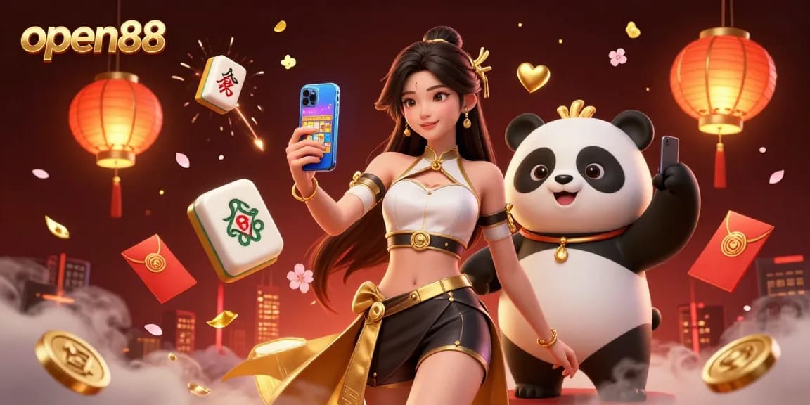 Play slots and win big with open88 in this vibrant 3D casino scene featuring a smiling Asian woman and a panda.