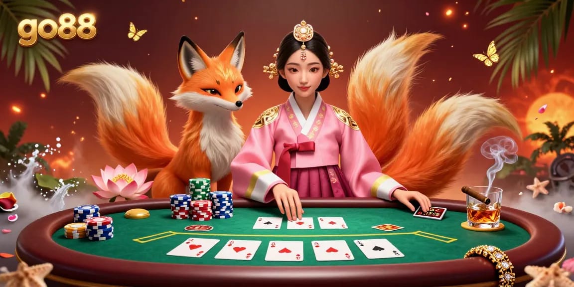Experience thrilling poker at go88 with an exquisite Asian woman and a lucky fox surrounded by vibrant casino elements.