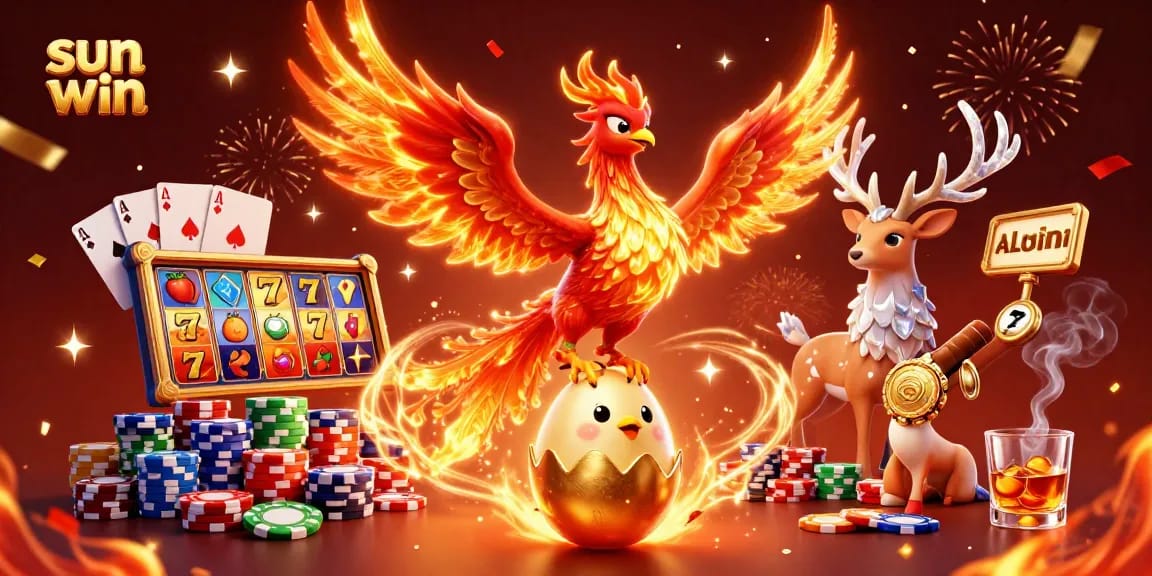Experience sun win's electrifying gaming excitement with a phoenix rising, surrounded by rich casino elements.