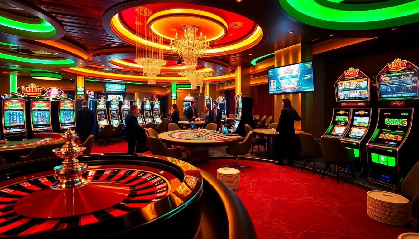 High-stakes players enjoying an exciting casino experience at ABCVIP with vibrant slot machines and a roulette wheel.