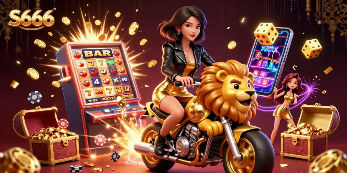 Experience the excitement of S666 with a glamorous character amidst rich casino elements.