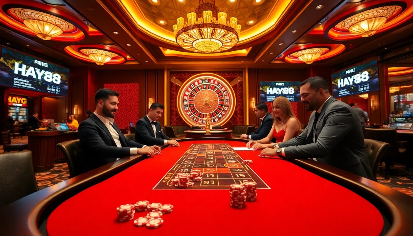 Experience the excitement of HAY88 with a vibrant poker table showcasing glamorous casino action.