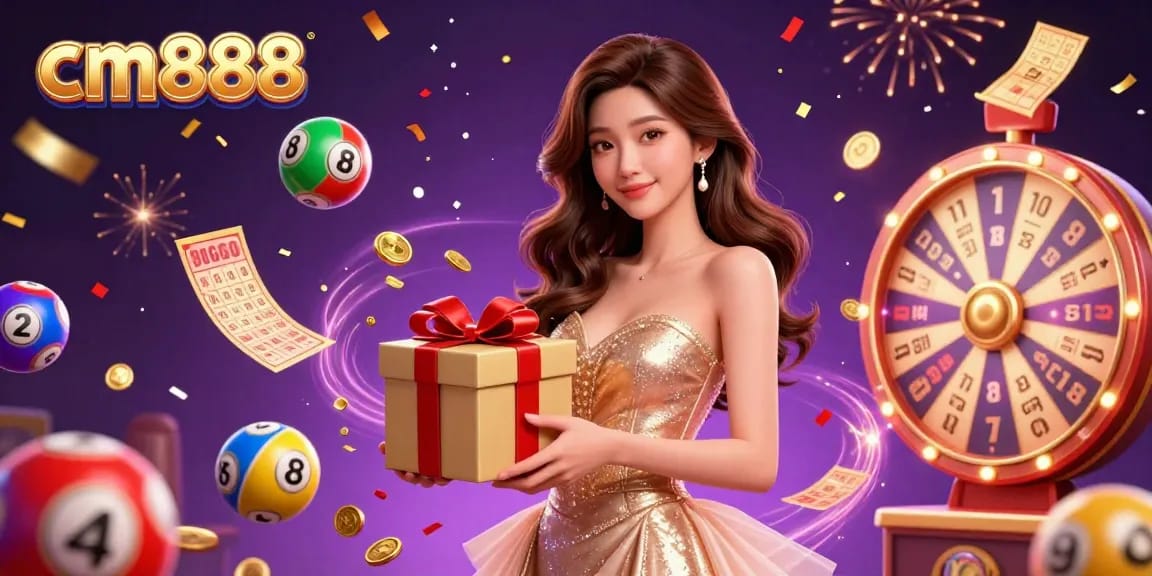 Engage with cm888 in a festive casino scene showcasing golden tickets, bouncing lottery balls, and a welcoming Asian woman.