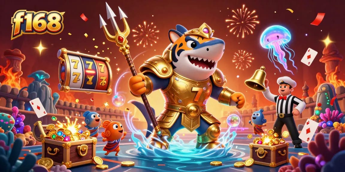 Experience the excitement of f168 with a 3D tournament scene celebrating a jackpot win in an underwater casino world.