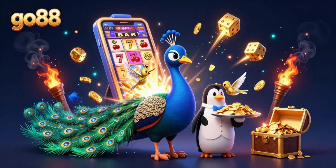 Experience thrilling gameplay at go88, featuring a vibrant 3D casino scene with an aristocratic peacock.